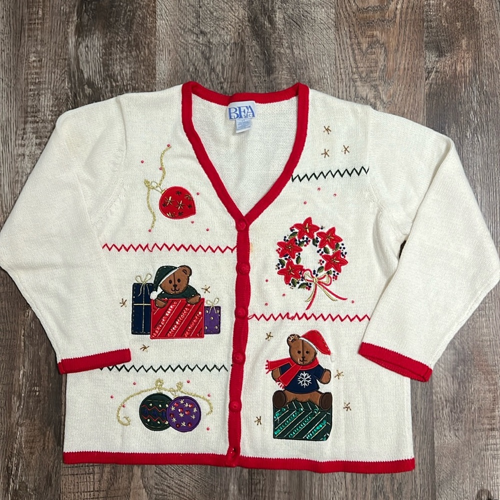 Vintage Ugly Knit Christmas Sweater Cardigan with Teddy Bears - W L